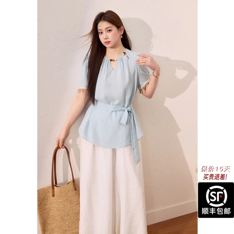 蓝语大码女装度假风绑带天丝短袖衬衫绣花a字半身裙夏季套装06660