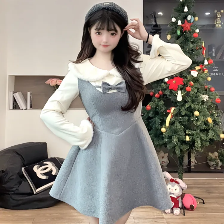 【冬日奶油卷】11088胖mm冬季大码甜美风领口假两件收腰显瘦连衣裙