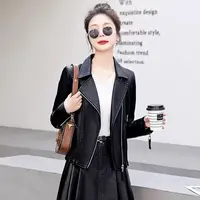 7678常规标准拼接修身型皮衣休闲女士秋冬百搭