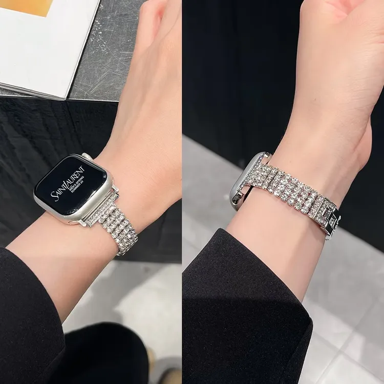 适用applewatchS9表带苹果7手表S10镶钻金属S8夏女款se新款高级感