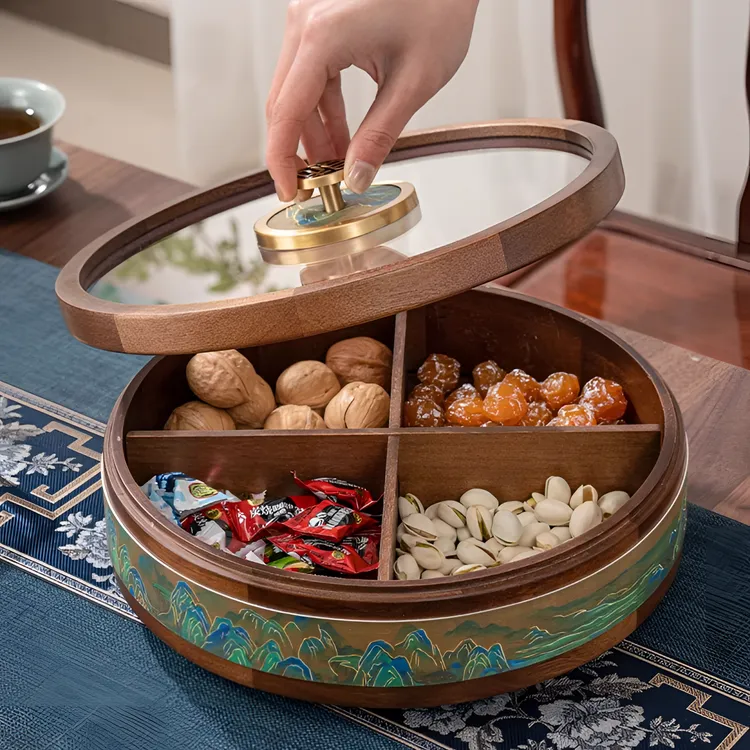 实木干果盒新中式分格带盖坚果盒客厅茶几瓜子盒家用零食收纳盒