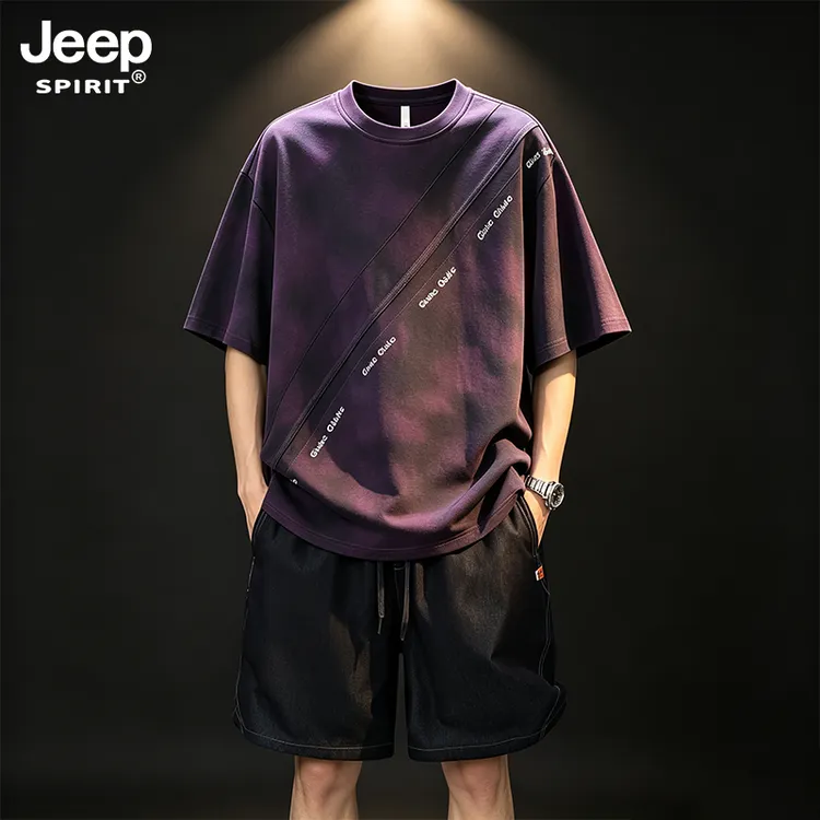 JEEPSPIRIT吉普扎染套装夏季新款美式短袖短裤大码宽松透气两件套