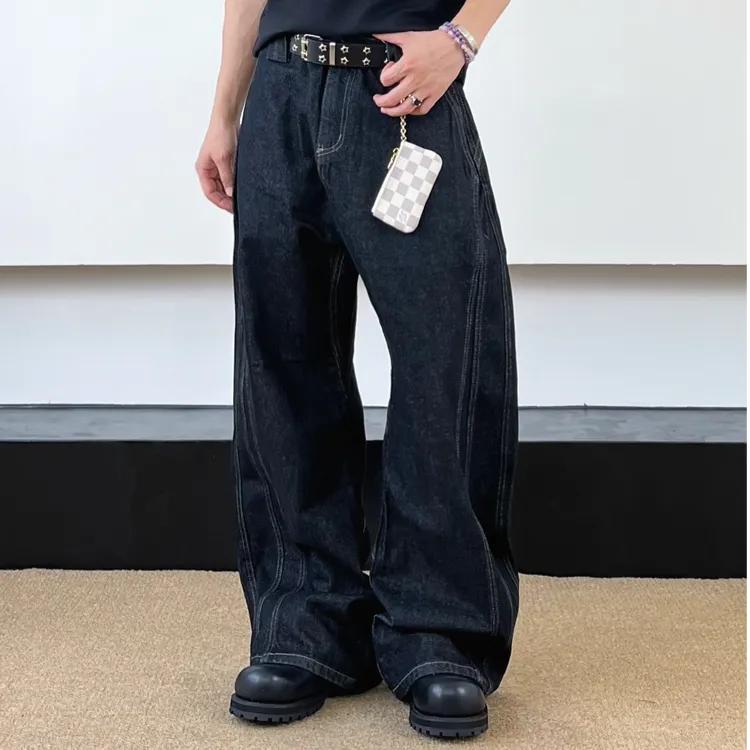 SWAG丹宁原牛原色明线cleanfit弯刀牛仔裤男女宽松baggy镰刀裤子