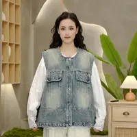 3894 牛仔马甲2024大口袋无袖外套圆领水洗牛仔背心马夹女
