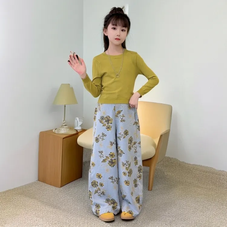 女童套装2025春秋新款中大童韩系穿搭儿童花朵牛仔裤打底衫两件套