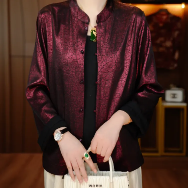 新款春季休闲风宽松型常规长袖圆领洋气新中式国风衬衫V25Z1085