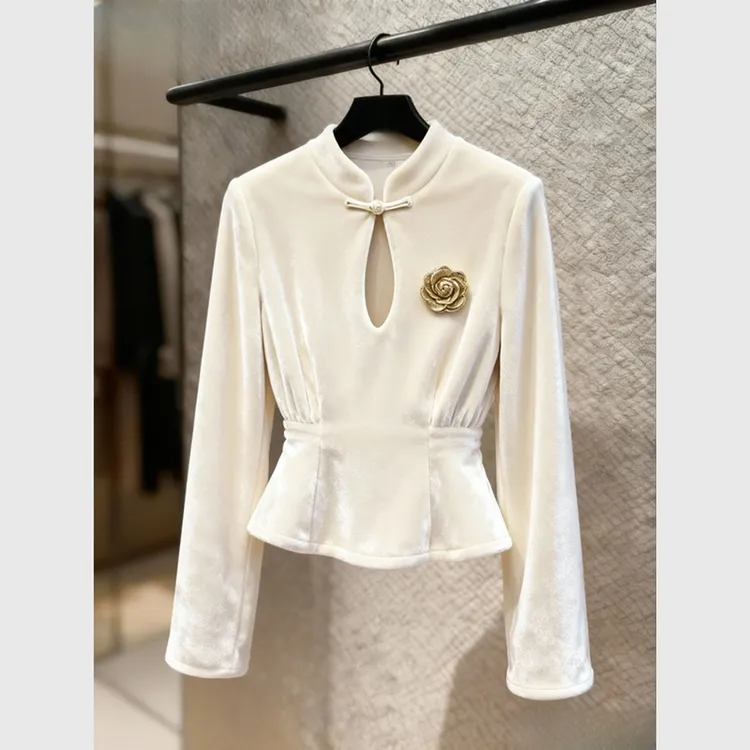 丝绒洋气女冬内中式高级独特白色别致国风感轻奢减龄新衬衫搭上衣