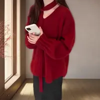 慵懒风宽松弛感挂脖飘带V领红色毛衣女秋季大码胖MM显瘦针织上衣