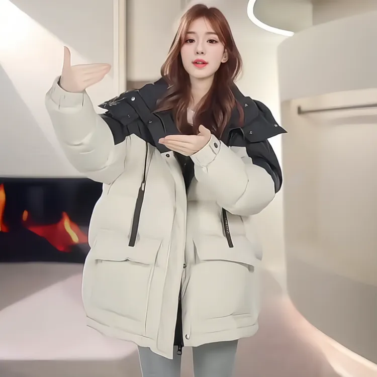 韩版保暖拼色连帽棉服女2025年加厚巨好看超火小个子宽松面包服