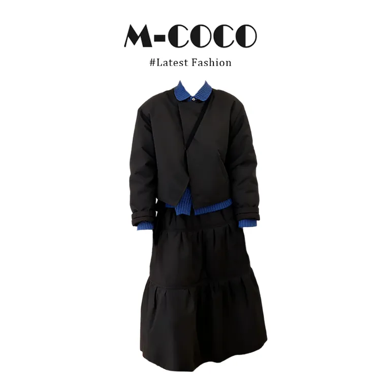 MARIE.COCO冬季新款简约休闲风长袖棉服外套翻领针织衫蓬蓬裙套装