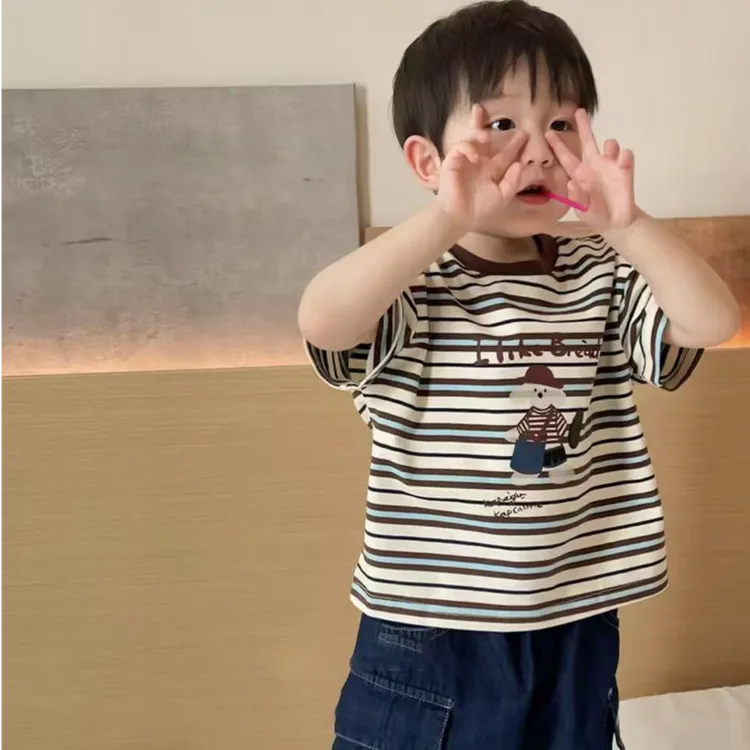条纹控~儿童夏款复古色系咖色条纹短袖T恤男童女童休闲圆领半袖