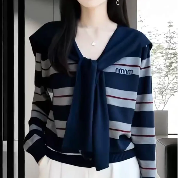 早秋新款女士条纹开衫时尚洋气搭肩毛针织衫宽松加大码胖MM上衣