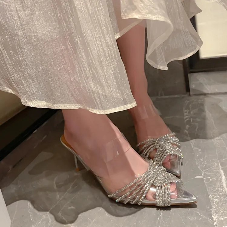 2025年新款法式尖头婚鞋交叉水钻细跟包头外穿半拖欧美高跟女凉鞋
