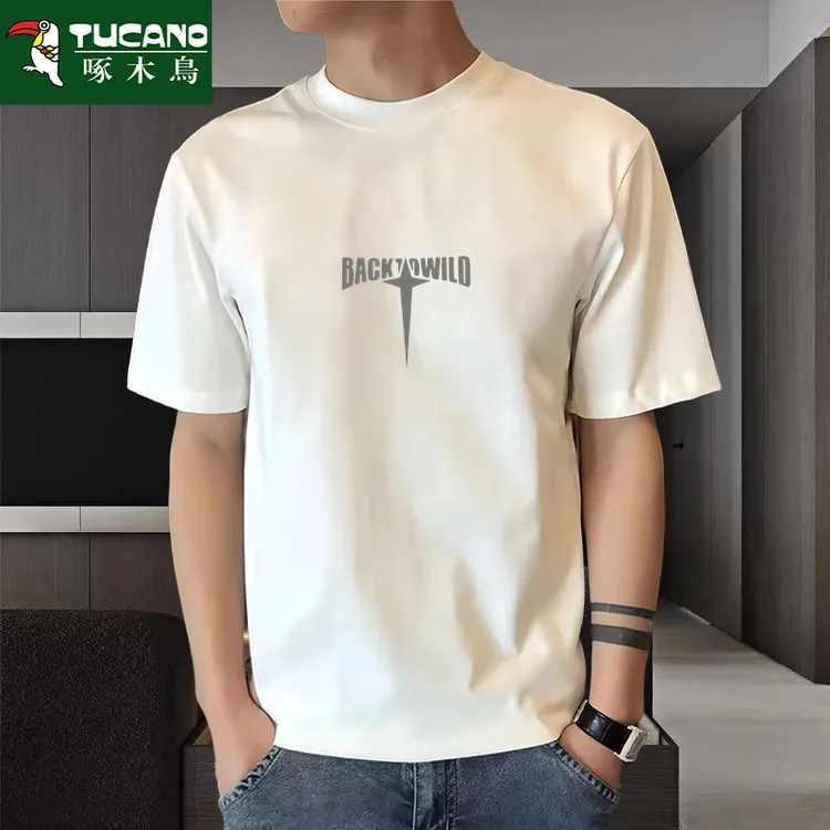 啄木鸟重磅纯棉短袖t恤男士潮牌印花时尚百搭半袖青年宽松打底衫t