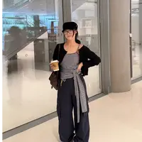 6532早秋周末穿搭 条纹绑带吊带开衫两件套
