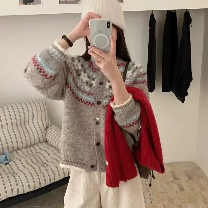 复古风费尔岛提花高级感毛衣外套女显瘦外穿宽松撞色针织开衫