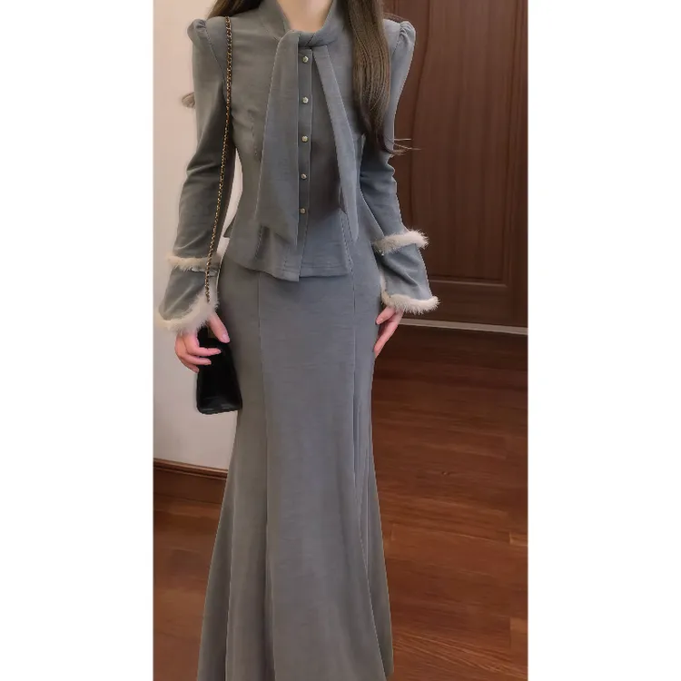 巨好看百搭小众设计感飘带修身小衫&高腰鱼尾半身裙两件套装9815