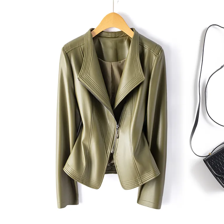 【1911】海宁女士真皮绵羊皮短款翻领皮衣机车时尚