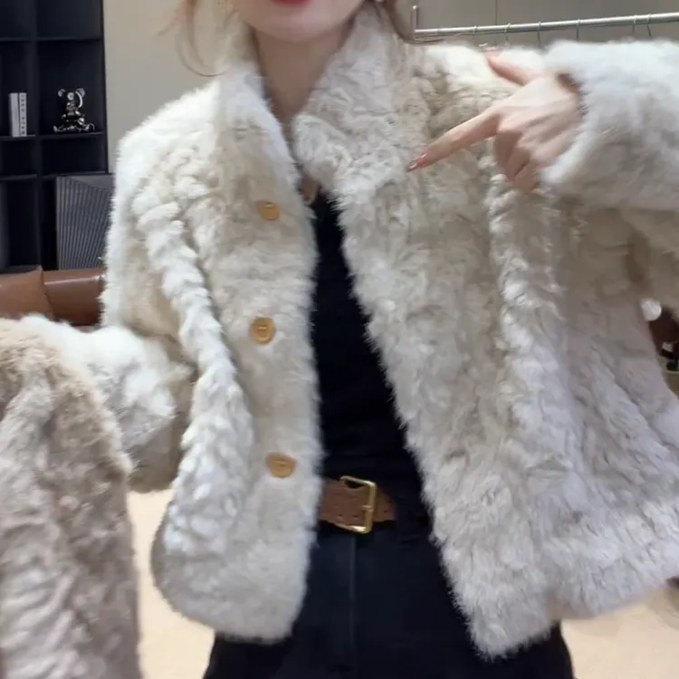 冬季新款复古立领洋气时尚纽扣毛毛短款外套上衣LK2508723