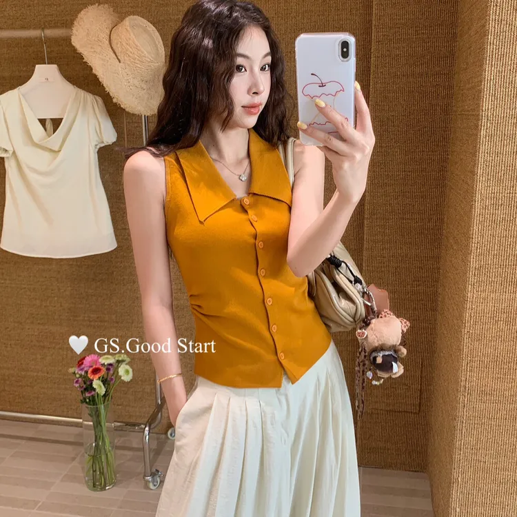GS韩系polo翻领无袖针织衫上衣女夏季新款气质修身显瘦单排扣背心