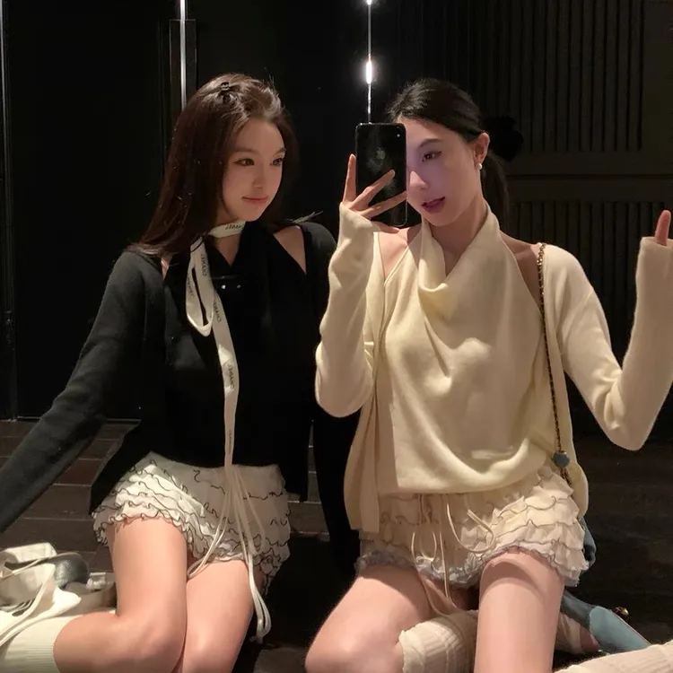 假两件荡领挂脖长袖上衣慵懒针织设计感女2025早春设计感针织衫