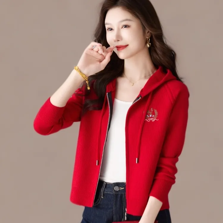 高端连帽针织开衫女短款春秋新款小个子高腰显瘦洋气拉链毛衣外套