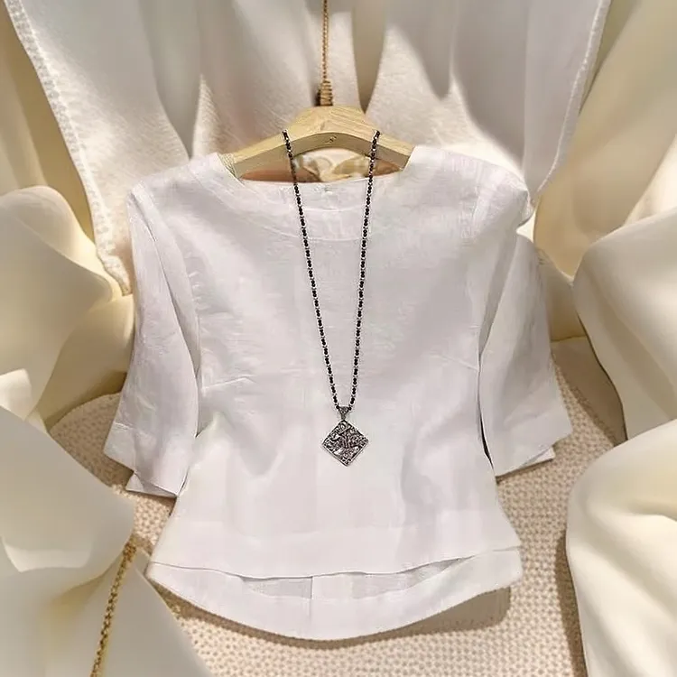 高端爆款复古文艺白色棉麻小衫女2025夏季新款不规则休闲百搭上衣