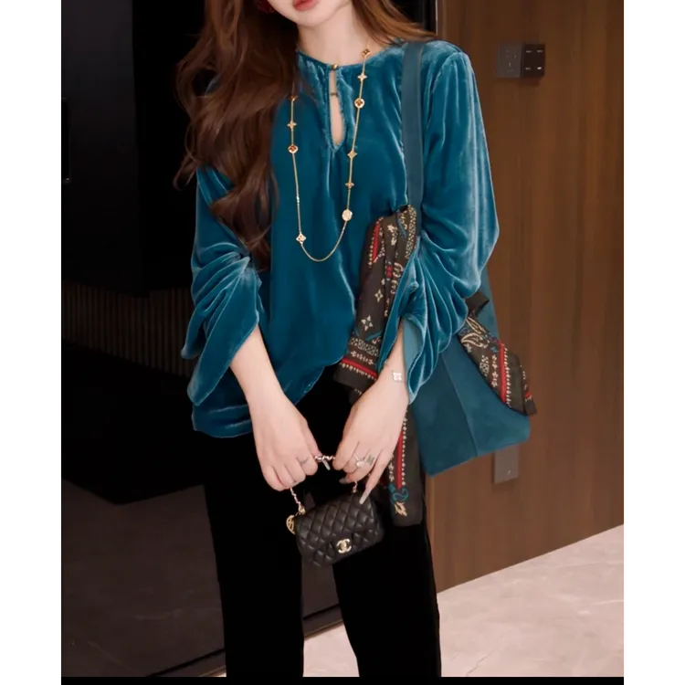 G. yantong/郭彦彤定制早秋款真丝丝绒长袖上衣新中式轻奢