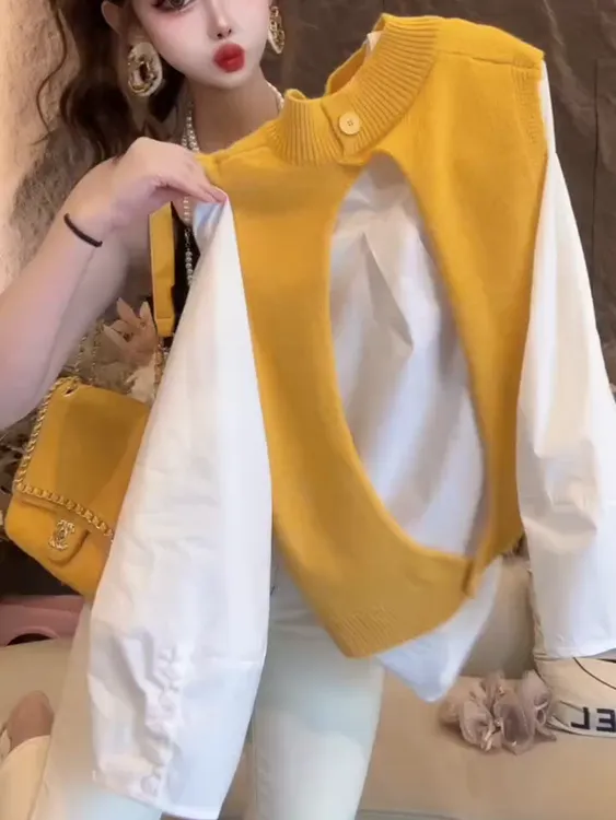 欧货设计感马甲衬衫上衣两件套女2025新款洋气针织背心灯笼袖衬衣