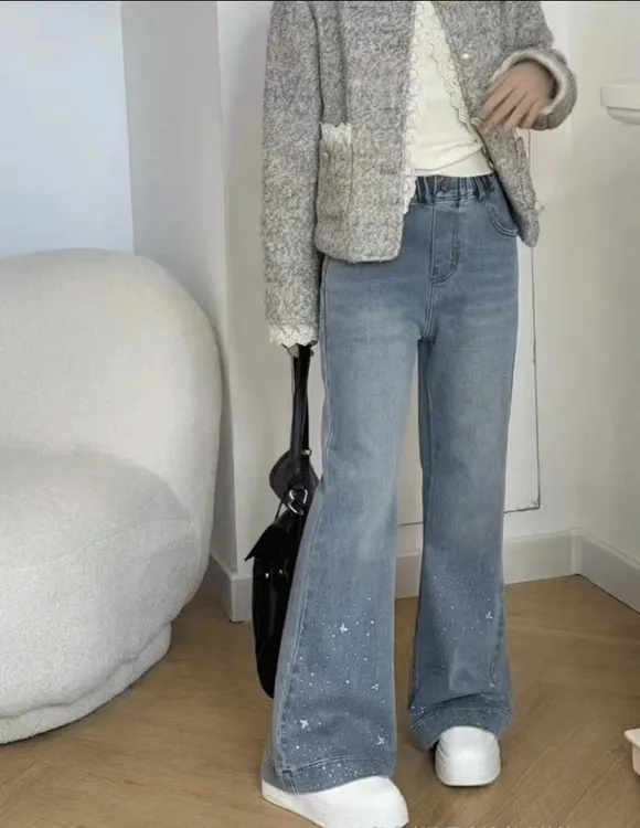 烫钻蝴蝶结牛仔裤~女童秋季新款洋气显瘦喇叭裤牛仔裤5091