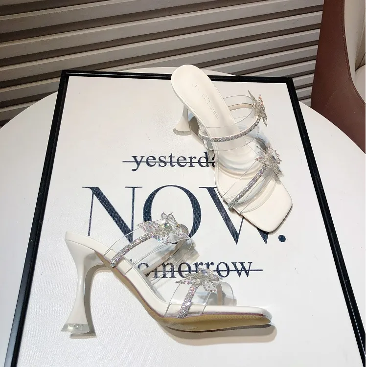 SIJIERUI2025夏季透明性感凉拖鞋女方头水钻高跟一字拖罗马凉鞋女