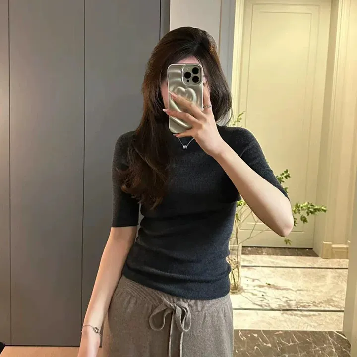 【精纺羊毛】XZ261秋冬新款半高领简约修身五分袖打底衫显瘦针织衫