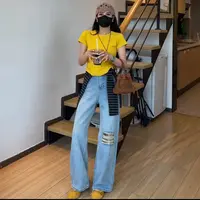 150小个子美式折痕破洞高街新款百搭高腰直筒垂感显瘦牛仔裤女