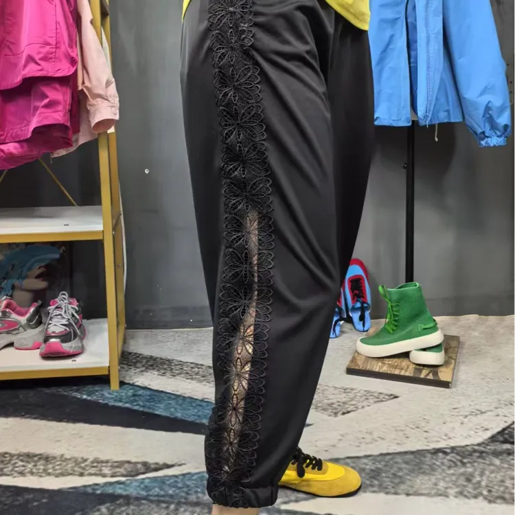 奇奇家潮派宽松大码春夏款宽松韩版休闲镂空拼接收脚冰感休闲裤