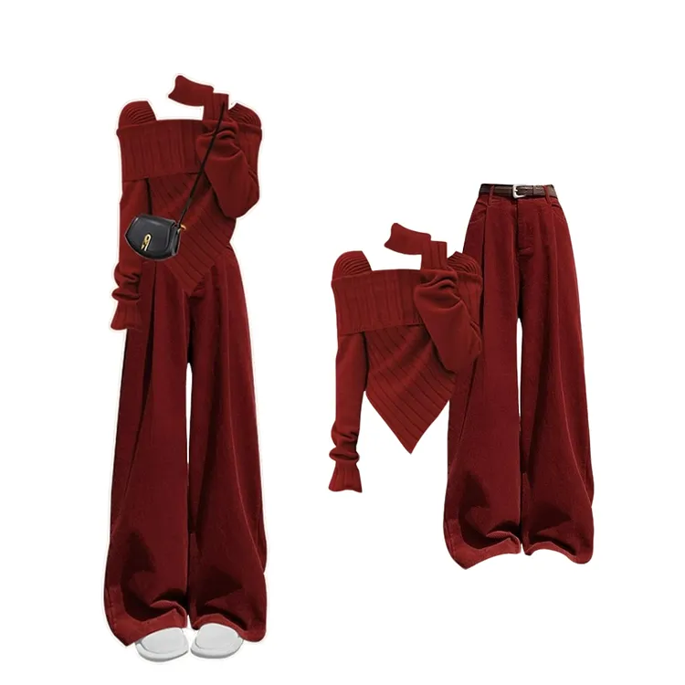 酷飒拽姐跨年毛衣套装女新年战袍冬季2025红色系穿搭一整套高级感