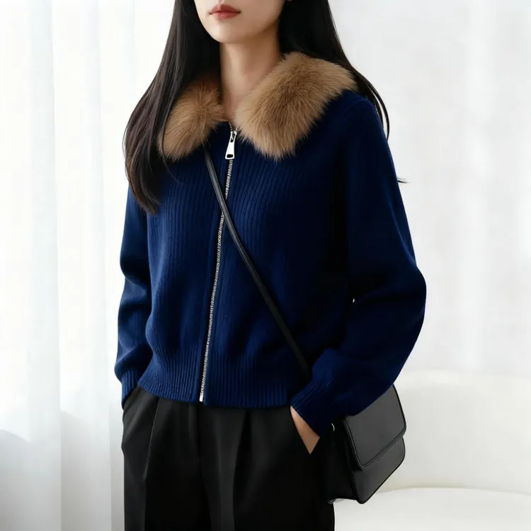 洋气毛领翻领拉链针织开衫女2025秋冬新款轻熟小众时尚软糯毛衣女