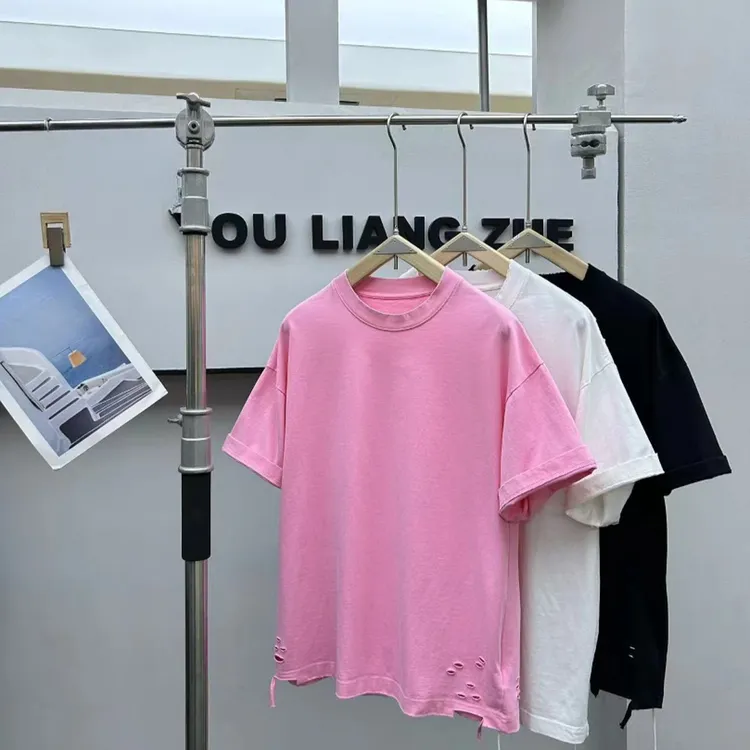 【吉鑫】潮牌跑步设计破洞款重磅纯棉短袖宽松潮t男女同款