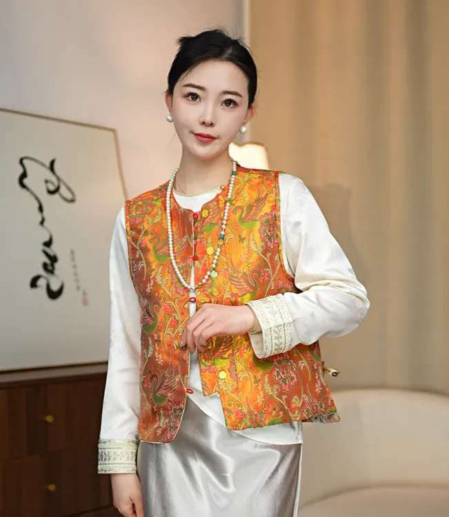 CHUNTIAN/李李国风【天鹅湖】新中式宋锦拼接双面双穿马甲