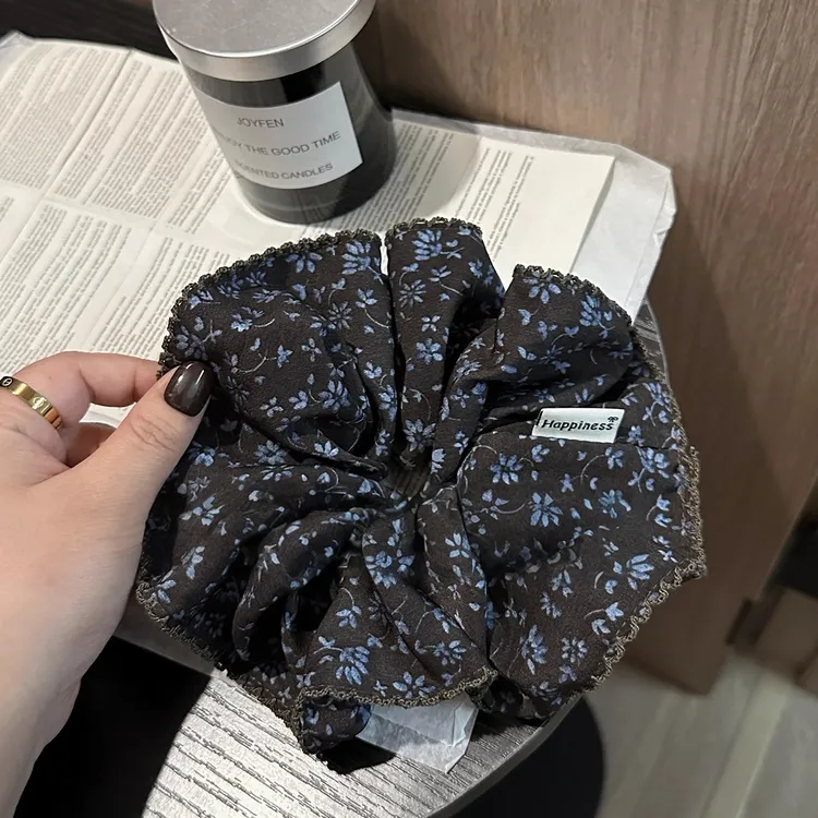 高级复古咖蓝色碎花大肠发圈发量多丸子头发绳韩国新款马尾扎头绳