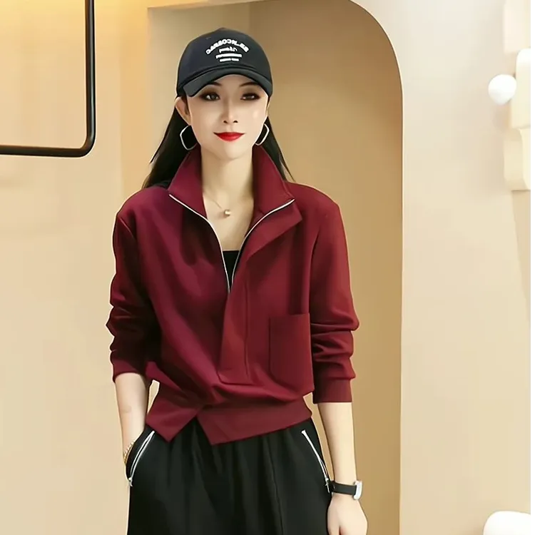 安可拉红立领长袖卫衣女2025早秋新款轻奢高端小众设计感大码上衣