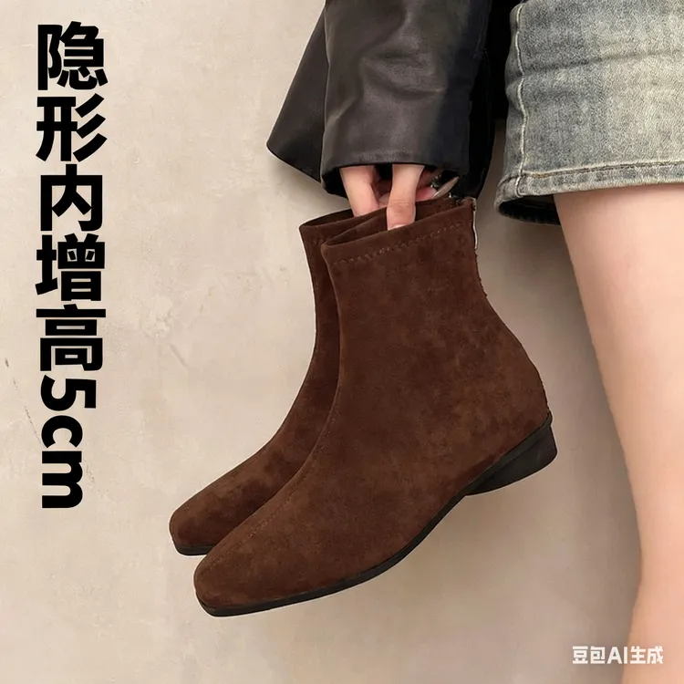 内增高复古方头绒面粗跟短靴女单靴2025秋冬新款小个子棕色瘦瘦靴