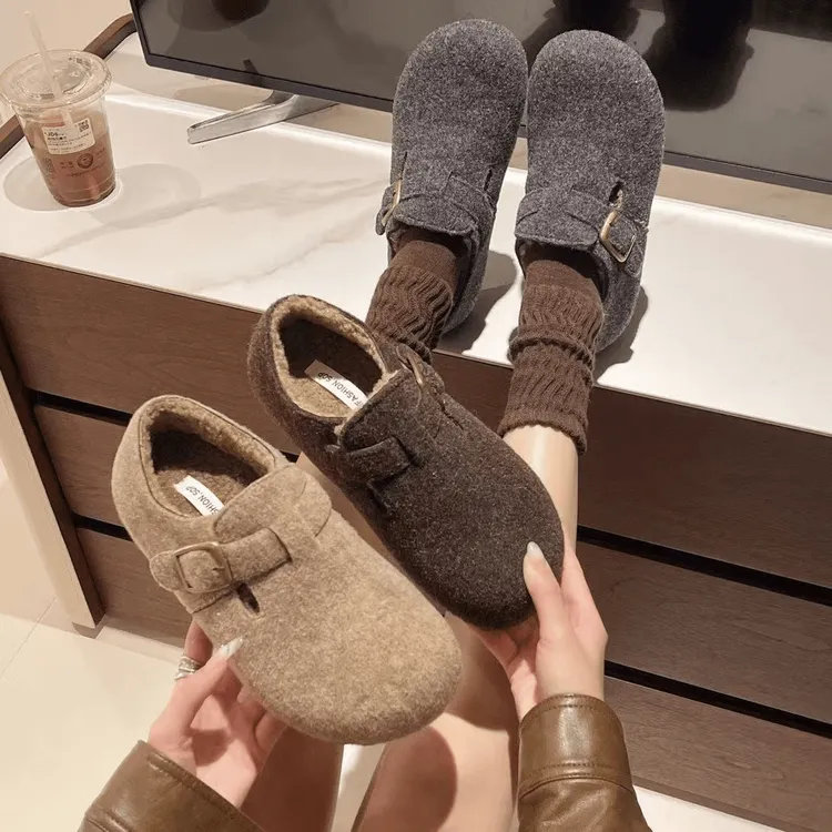 复古港风休闲风纯色冬季棉鞋秋季一脚蹬棉鞋冬天6