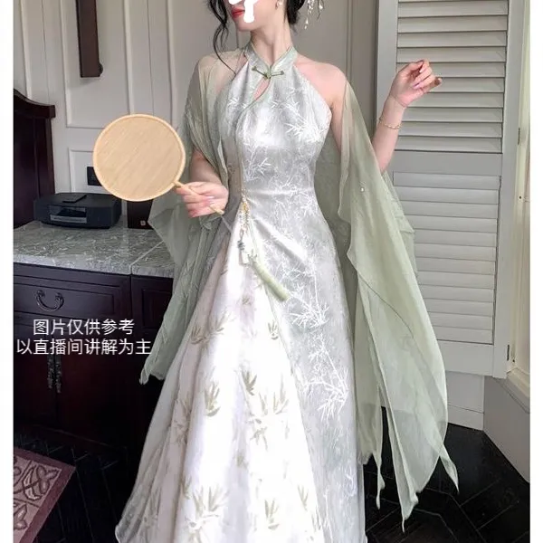 烟雨江南-2025新款大码胖MM夏季中式提花拼接挂脖旗袍连衣裙套装