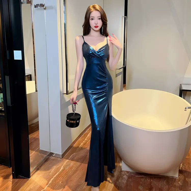 夜场女装性感低胸高弹长款开衩吊带连衣裙夜总会晚礼服技师工作服