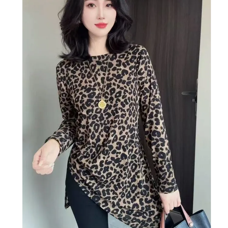 6520（丹姐家）豹纹打底衫圆领长袖T恤大码显瘦秋季洋气中长款百搭