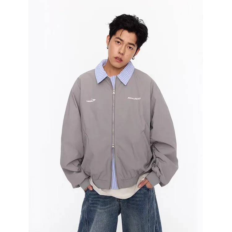 HandSeven秋冬新款开衫假两件夹克外套拼接撞色翻领情侣百搭上衣