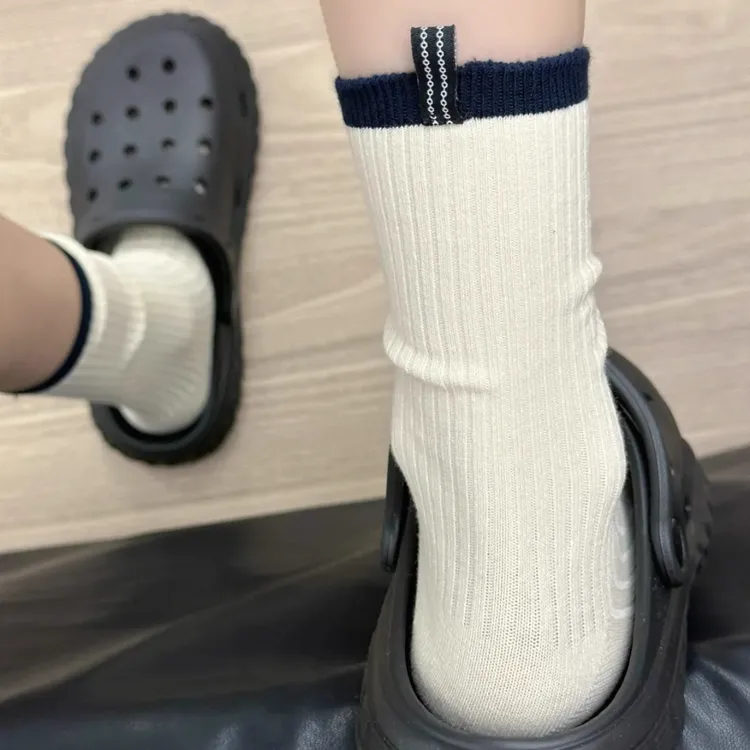 条纹袜子女款春秋纯棉中筒袜ins潮韩版学院风长袜配勃肯鞋堆堆袜