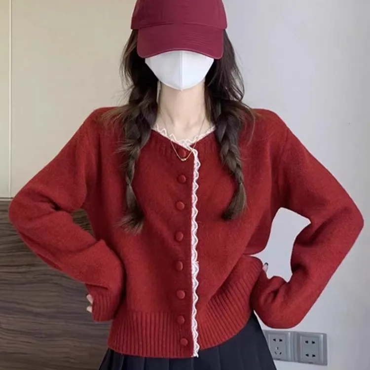 法式蕾丝花边开衫女时尚单排扣温柔宽松甜美针织毛衣春秋外套上衣