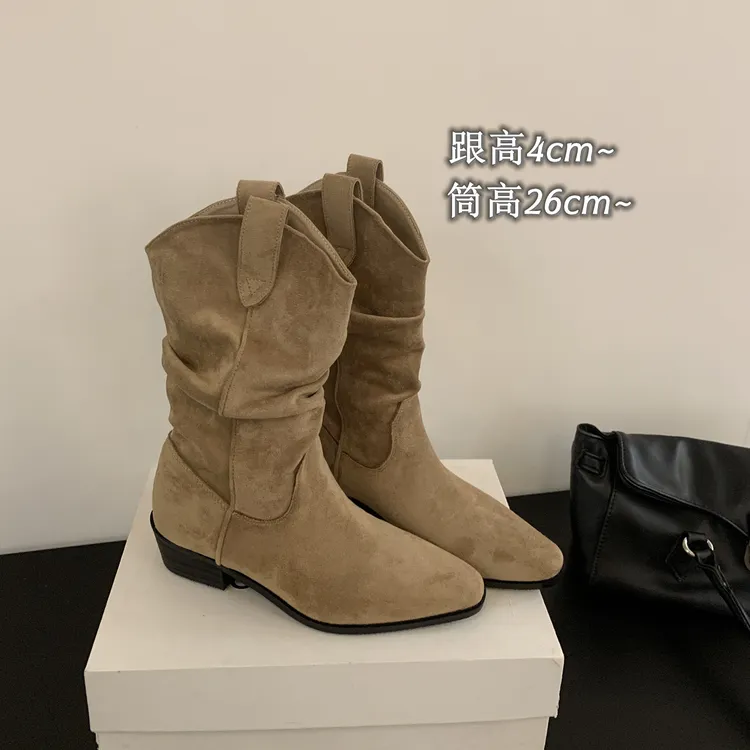 复古绒面V口粗跟西部牛仔靴女2025秋新款中筒靴套筒堆堆靴马丁靴