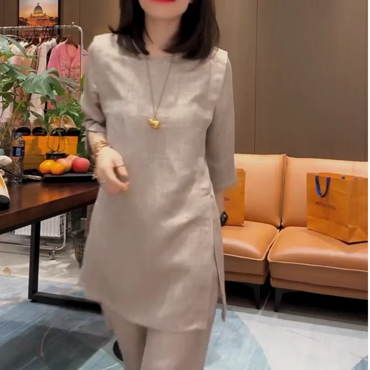 气质亚麻面料时尚百搭显瘦两件套女装春夏网红短袖夏季重工设计师
